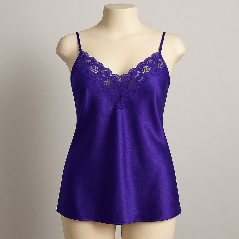Vtg Victoria's Secret Babydoll Chemise Gold Label Medium‎ Lace Trim Satin Purple